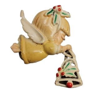 Angel with bell vintage enamel brooch